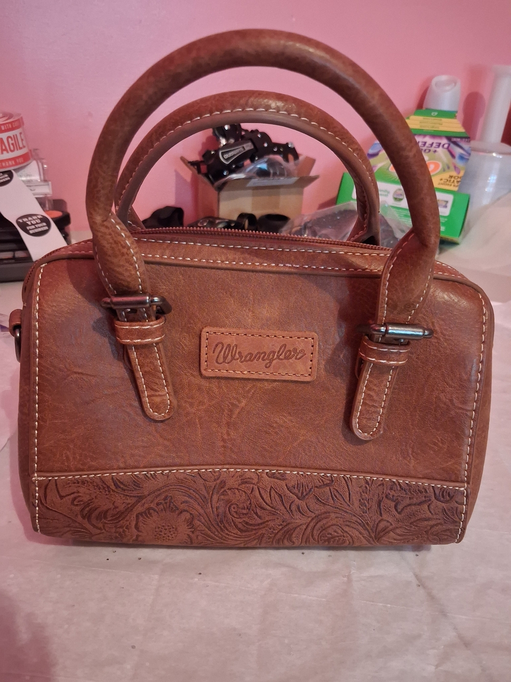Wrangler Brown Faux Leather Handbag – Floral Embossed Western Style Satchel